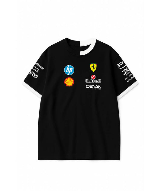 Scuderia Ferrari 2023 Race Tee – Black Edition with Full Sponsor Grid