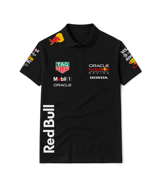 Red Bull Racing 2023 Team Polo – Black Edition with Full Sponsor Set
